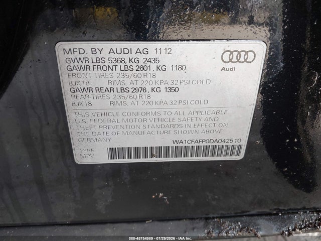 45754989 :رقم المزاد ، WA1CFAFP0DA042510 vin ، 2013 Audi Q5 2.0t Premium مزاد بيع
