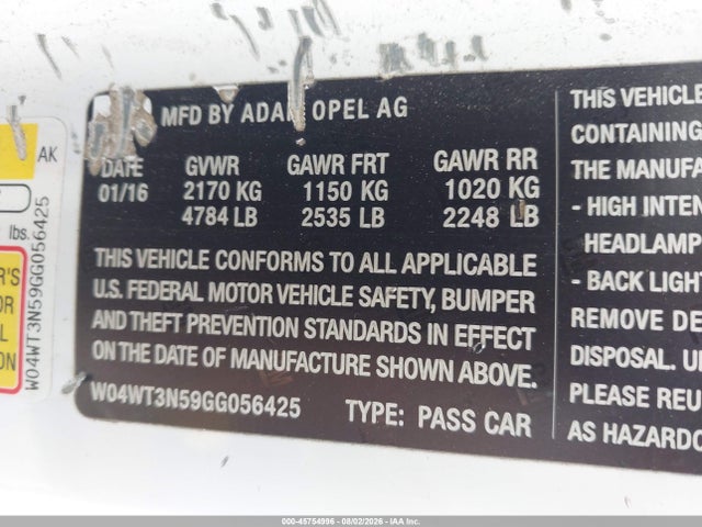 Продажа на аукционе авто 2016 Buick Cascada Premium, vin: W04WT3N59GG056425, номер лота: 45754996