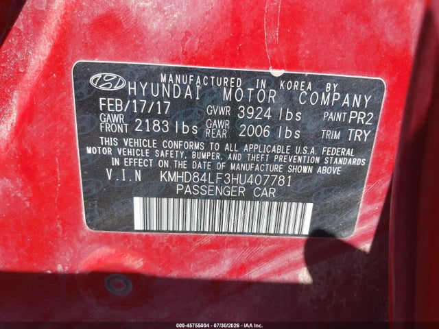 KMHD84LF3HU407781 Hyundai Elantra Se/value/limited