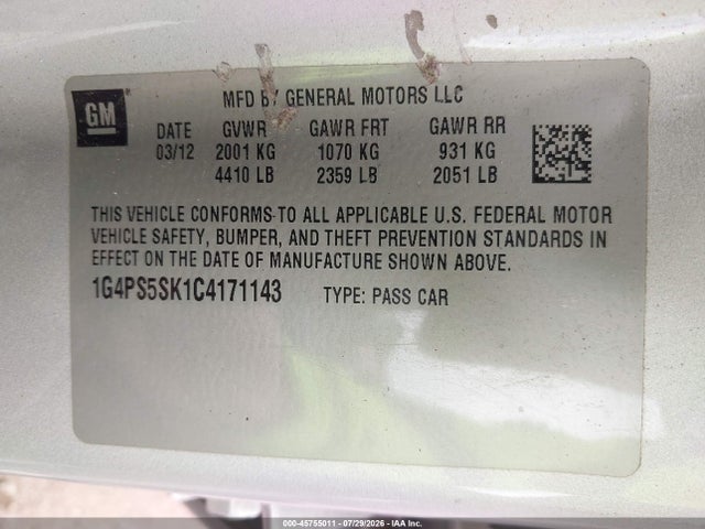 Продажа на аукционе авто 2012 Buick Verano Leather Group, vin: 1G4PS5SK1C4171143, номер лота: 45755011