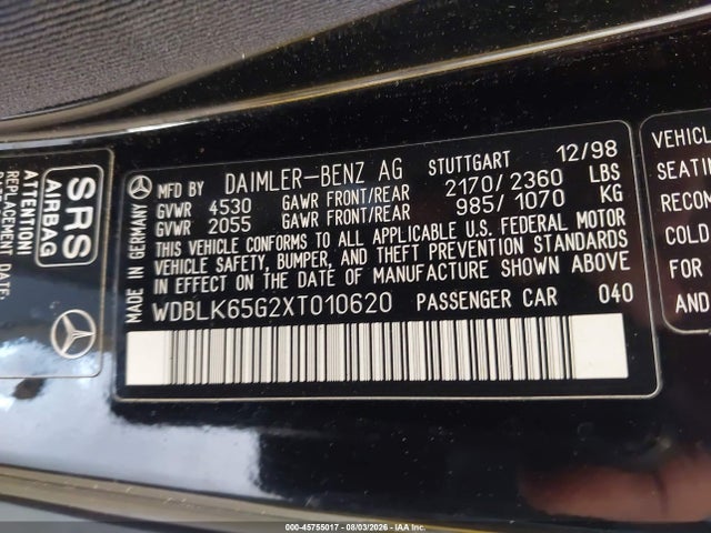 Продажа на аукционе авто 1999 Mercedes-benz Clk 320, vin: WDBLK65G2XT010620, номер лота: 45755017