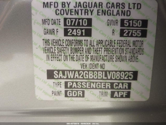 Aukcja sprzedaży 2011 Jaguar Xj Xjl, vin: SAJWA2GB8BLV08925, numer aukcji: 45755019