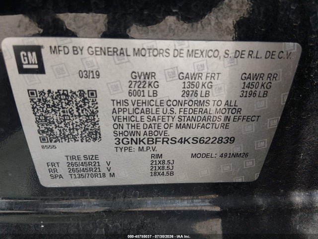 2019 Chevrolet Blazer Premier მანქანა იყიდება აუქციონზე, vin: 3GNKBFRS4KS622839, აუქციონის ნომერი: 45755037