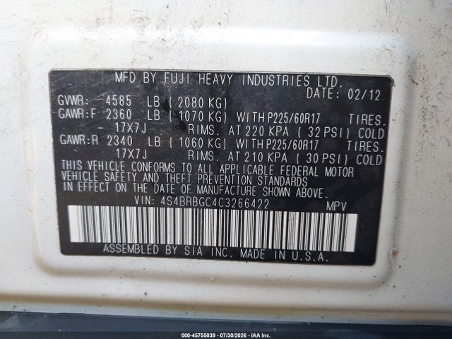 Продажа на аукционе авто 2012 Subaru Outback 2.5i Premium, vin: 4S4BRBGC4C3266422, номер лота: 45755039