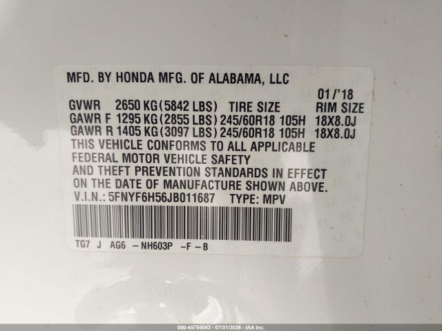 2018 Honda Pilot Ex-l მანქანა იყიდება აუქციონზე, vin: 5FNYF6H56JB011687, აუქციონის ნომერი: 45755043