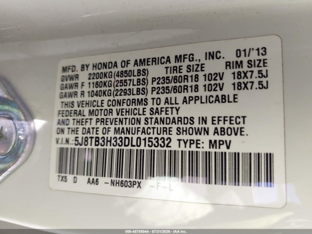 2013 Acura Rdx მანქანა იყიდება აუქციონზე, vin: 5J8TB3H33DL015332, აუქციონის ნომერი: 45755044