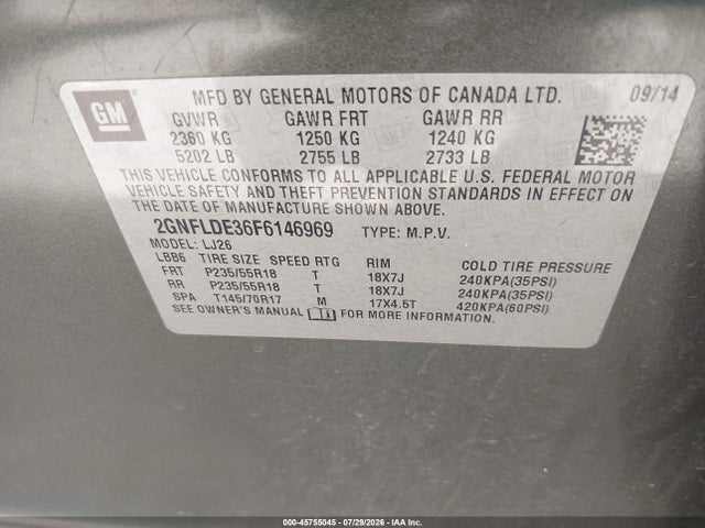 Aukcja sprzedaży 2015 Chevrolet Equinox Ltz, vin: 2GNFLDE36F6146969, numer aukcji: 45755045