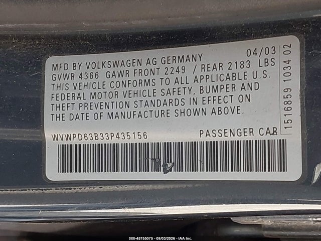 2003 Volkswagen Passat Gls მანქანა იყიდება აუქციონზე, vin: WVWPD63B33P435156, აუქციონის ნომერი: 45755075