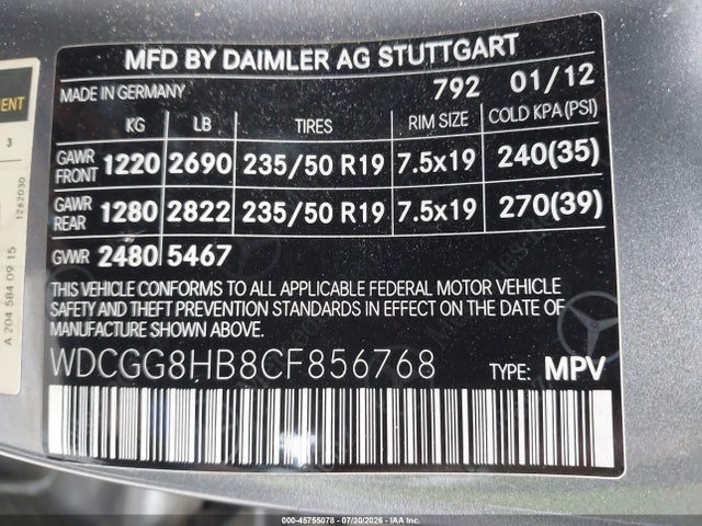 45755078 :رقم المزاد ، WDCGG8HB8CF856768 vin ، 2012 Mercedes-benz Glk 350 4matic مزاد بيع