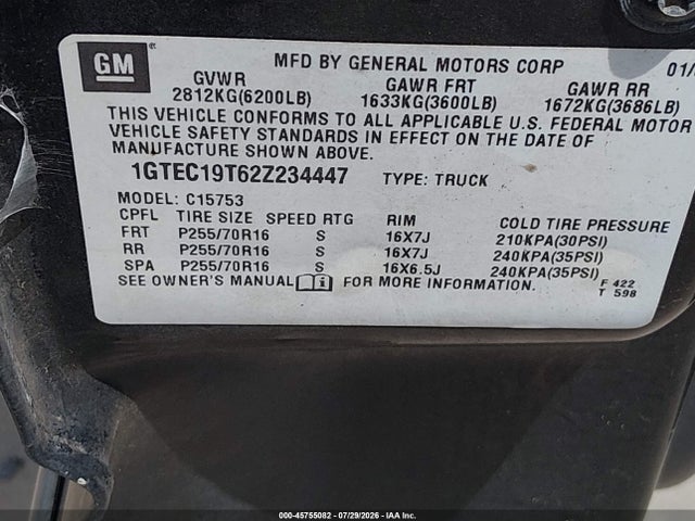 45755082 :رقم المزاد ، 1GTEC19T62Z234447 vin ، 2002 Gmc Sierra 1500 Sle مزاد بيع