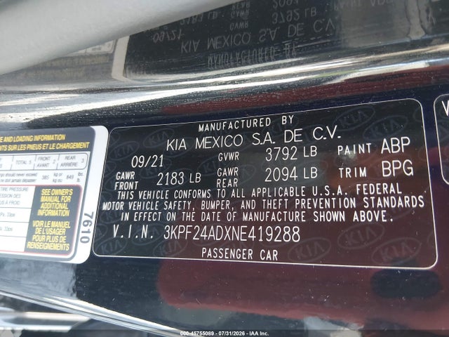 2022 Kia Forte Lxs მანქანა იყიდება აუქციონზე, vin: 3KPF24ADXNE419288, აუქციონის ნომერი: 45755089