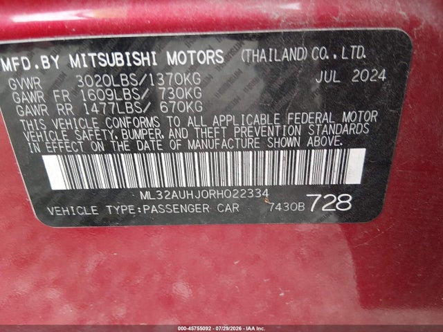 2024 Mitsubishi Mirage Es/le მანქანა იყიდება აუქციონზე, vin: ML32AUHJ0RH022334, აუქციონის ნომერი: 45755092