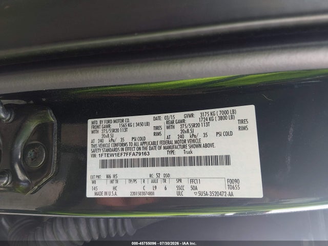 45755096 :رقم المزاد ، 1FTEW1EF7FFA79163 vin ، 2015 Ford F-150 Lariat مزاد بيع