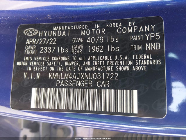 Продажа на аукционе авто 2022 Hyundai Elantra Hybrid Blue, vin: KMHLM4AJXNU031722, номер лота: 45755103