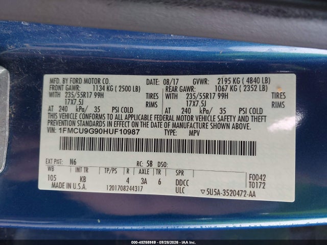 1FMCU9G90HUF10987 Ford ESCAPE SE