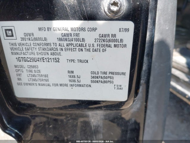 Aukcja sprzedaży 2000 Gmc Sierra 2500 Sl, vin: 1GTGC29U4YE121152, numer aukcji: 45755126