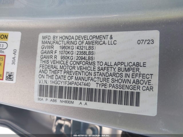 2023 Honda Accord Ex მანქანა იყიდება აუქციონზე, vin: 1HGCY1F34PA047440, აუქციონის ნომერი: 45755132