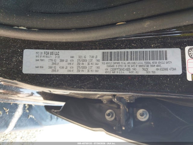 45755133 :رقم المزاد ، 1C6SRFMT5KN514929 vin ، 2019 Ram 1500 Big Horn/lone Star  4x4 6'4 Box مزاد بيع