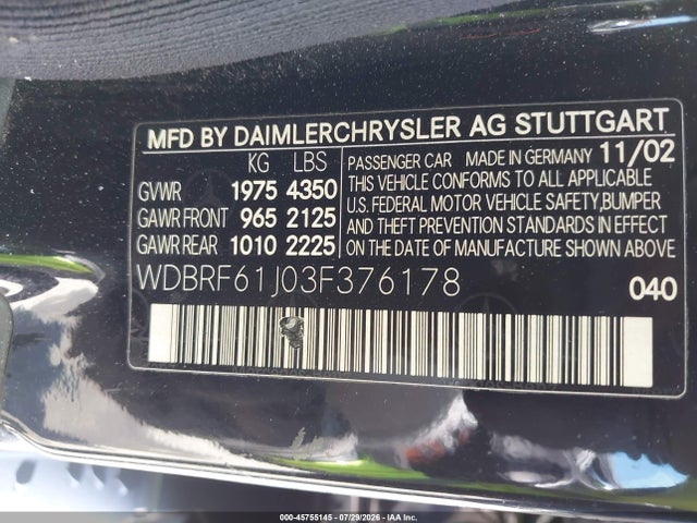 Aukcja sprzedaży 2003 Mercedes-benz C 240, vin: WDBRF61J03F376178, numer aukcji: 45755145
