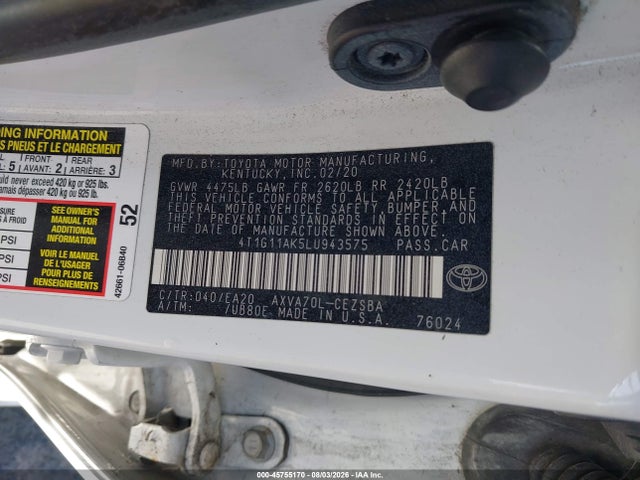 Toyota CAMRY SE 2020 4T1G11AK5LU943575 Image 9