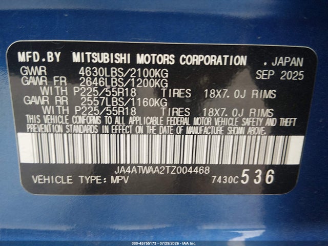 Продажа на аукционе авто 2026 Mitsubishi Eclipse Cross Black Edition S-awc/se S-awc/sel S-awc, vin: JA4ATWAA2TZ004468, номер лота: 45755173