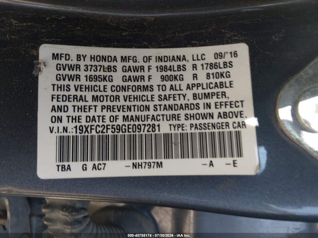 Honda Civic Lx 2016 19XFC2F59GE097281 Image 9