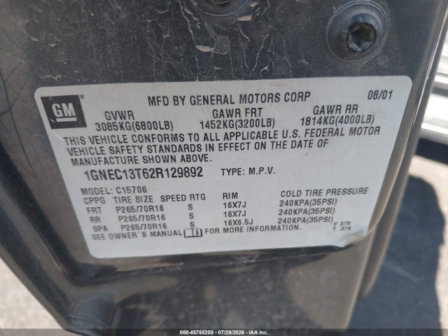 Продаж на аукціоні авто 2002 Chevrolet Tahoe Lt, vin: 1GNEC13T62R129892, номер лоту: 45755200
