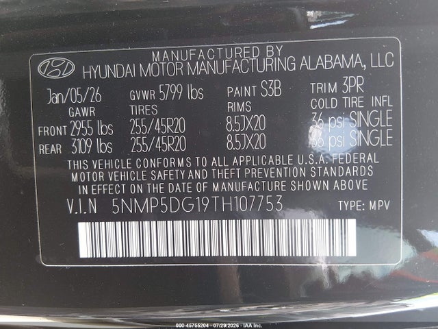 Продажа на аукционе авто 2026 Hyundai Santa Fe Hybrid Calligraphy, vin: 5NMP5DG19TH107753, номер лота: 45755204