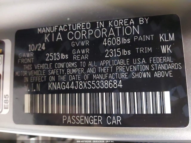 Продаж на аукціоні авто 2025 Kia K5 Gt, vin: KNAG44J8XS5338684, номер лоту: 45755208