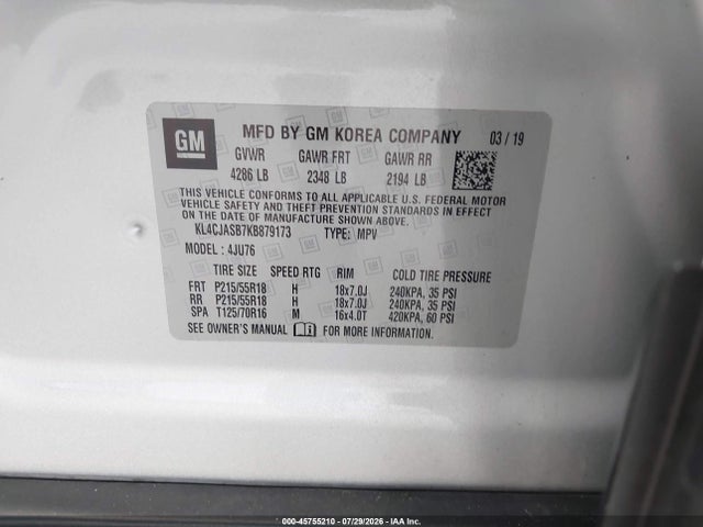 Aukcja sprzedaży 2019 Buick Encore Fwd Preferred, vin: KL4CJASB7KB879173, numer aukcji: 45755210
