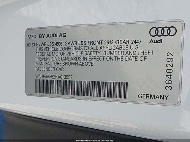 Продаж на аукціоні авто 2024 Audi S5 Premium Plus Tfsi Quattro Tiptronic, vin: WAUP4AF52RA013557, номер лоту: 45755218