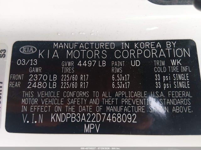 2013 Kia Sportage Lx მანქანა იყიდება აუქციონზე, vin: KNDPB3A22D7468092, აუქციონის ნომერი: 45755227