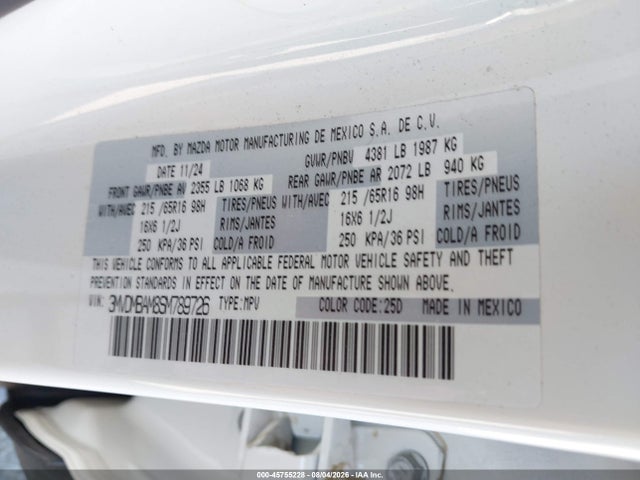 45755228 :رقم المزاد ، 3MVDMBAM8SM789726 vin ، 2025 Mazda Cx-30 2.5 S مزاد بيع