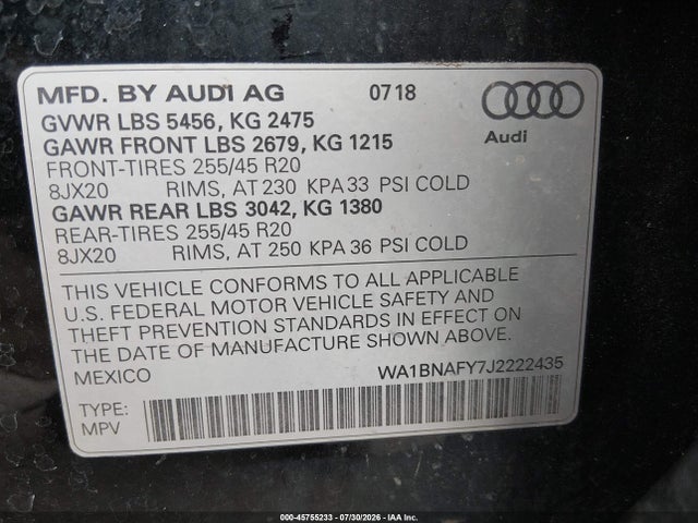 45755233 :رقم المزاد ، WA1BNAFY7J2222435 vin ، 2018 Audi Q5 2.0t Premium/2.0t Tech Premium مزاد بيع