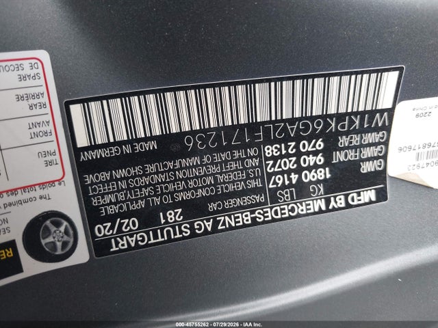 45755262 :رقم المزاد ، W1KPK6GA2LF171236 vin ، 2020 Mercedes-benz Amg Slc 43 مزاد بيع