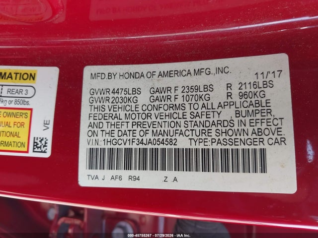 Продажа на аукционе авто 2018 Honda Accord Sport, vin: 1HGCV1F34JA054582, номер лота: 45755267