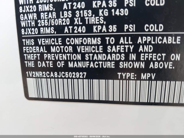 45755303 :رقم المزاد ، 1V2NR2CA8JC502927 vin ، 2018 Volkswagen Atlas 3.6l V6 Sel Premium مزاد بيع