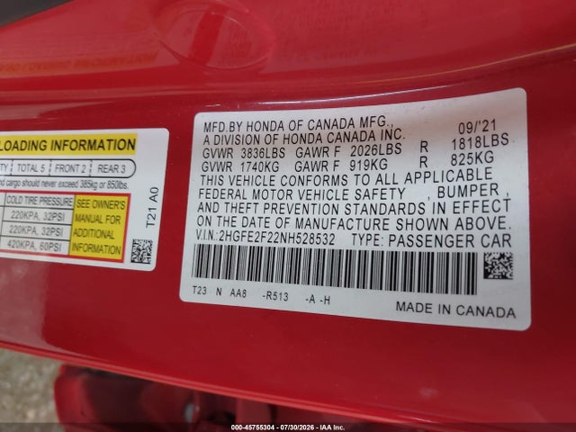 Honda Civic Lx 2022 2HGFE2F22NH528532 Image 9