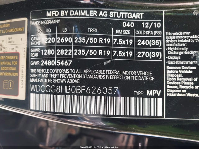 45755312 :رقم المزاد ، WDCGG8HB0BF626057 vin ، 2011 Mercedes-benz Glk 350 4matic مزاد بيع