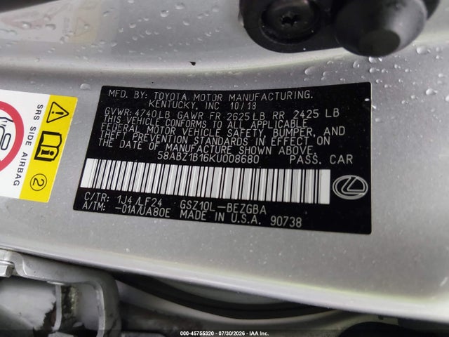 Продаж на аукціоні авто 2019 Lexus Es 350 F Sport, vin: 58ABZ1B16KU008680, номер лоту: 45755320