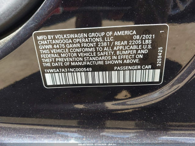 45755329 :رقم المزاد ، 1VWSA7A31NC000549 vin ، 2022 Volkswagen Passat 2.0t Se مزاد بيع