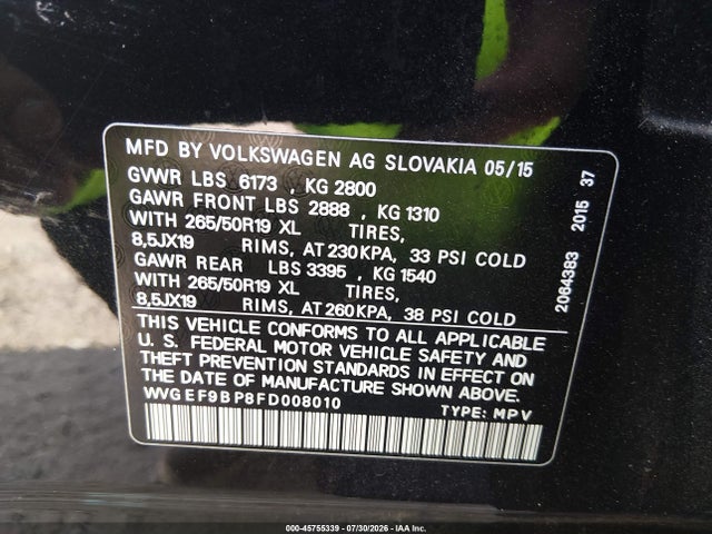 Продажа на аукционе авто 2015 Volkswagen Touareg V6 Lux, vin: WVGEF9BP8FD008010, номер лота: 45755339