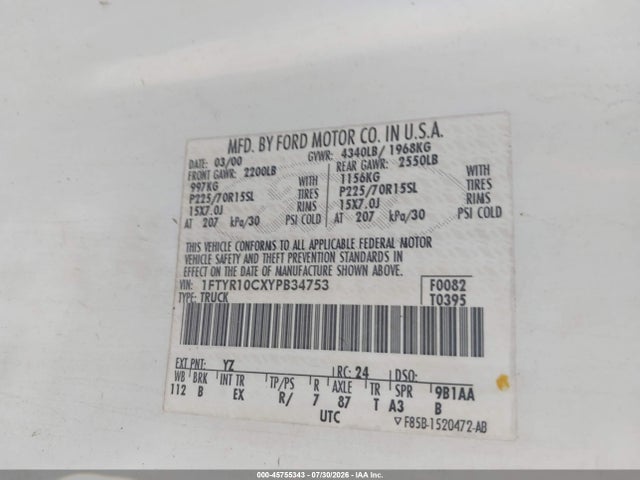 45755343 :رقم المزاد ، 1FTYR10CXYPB34753 vin ، 2000 Ford Ranger Xl/xlt مزاد بيع