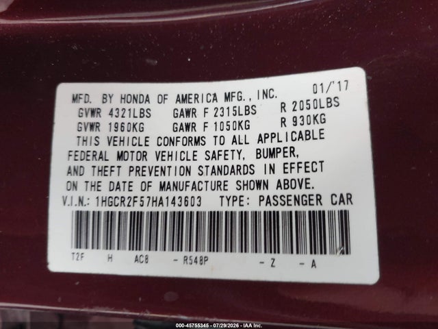 2017 Honda Accord Sport მანქანა იყიდება აუქციონზე, vin: 1HGCR2F57HA143603, აუქციონის ნომერი: 45755345