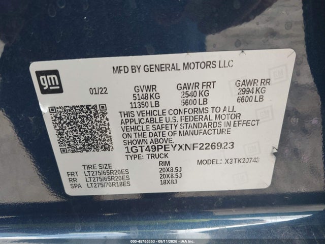 Продаж на аукціоні авто 2022 Gmc Sierra 2500hd 4wd  Standard Bed At4, vin: 1GT49PEYXNF226923, номер лоту: 45755353