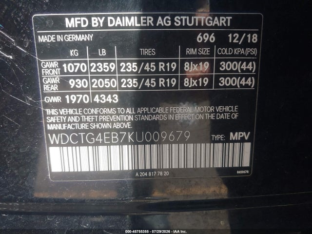 WDCTG4EB7KU009679 Mercedes-Benz GLA 250