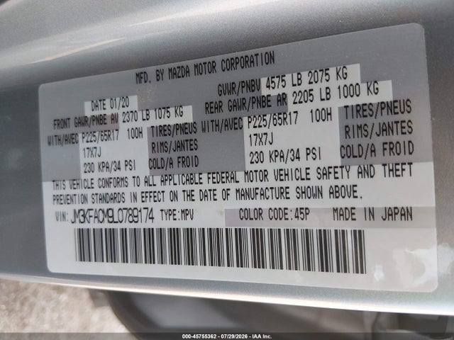 45755362 :رقم المزاد ، JM3KFACM9L0789174 vin ، 2020 Mazda Cx-5 Touring مزاد بيع