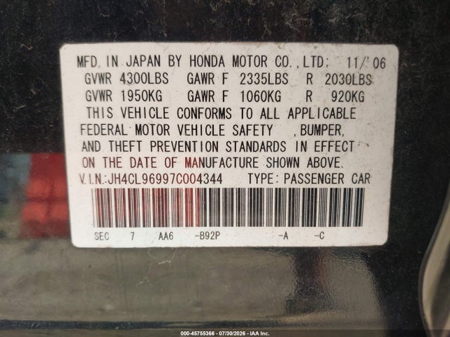 Aukcja sprzedaży 2007 Acura Tsx, vin: JH4CL96997C004344, numer aukcji: 45755366