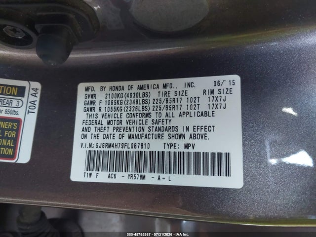 Aukcja sprzedaży 2015 Honda Cr-v Ex-l, vin: 5J6RM4H79FL087810, numer aukcji: 45755367