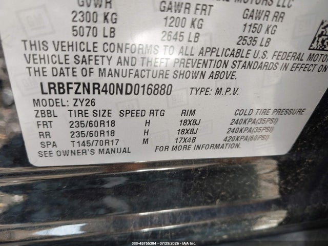 Aukcja sprzedaży 2022 Buick Envision Fwd Essence, vin: LRBFZNR40ND016880, numer aukcji: 45755384